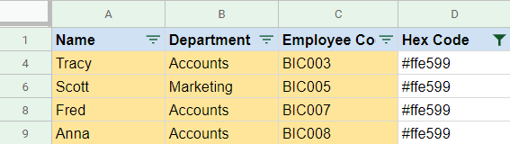 Filtered rows based on cell color in Google Sheets