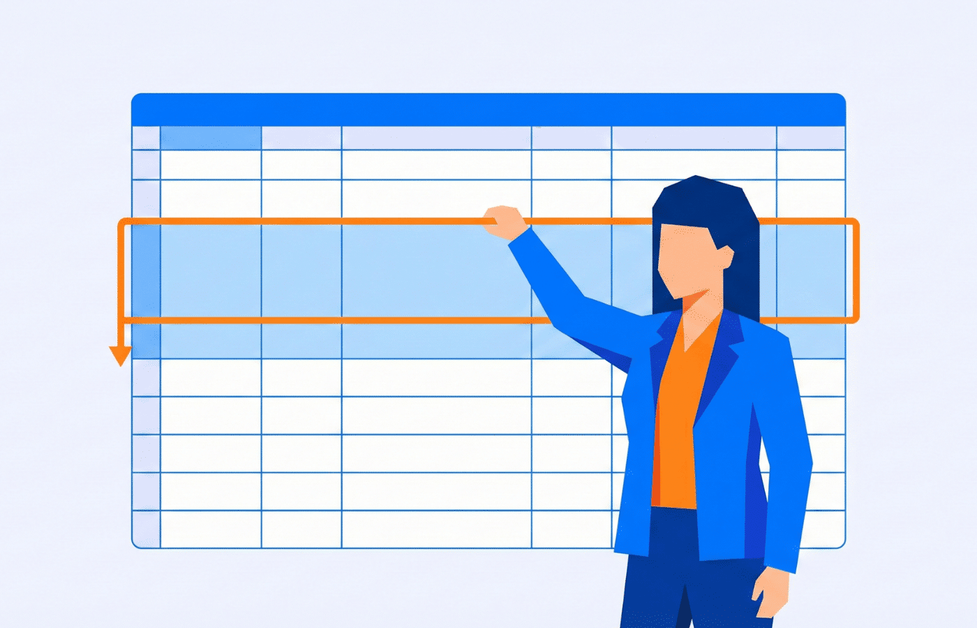A woman in front of a spreadsheet dragging a cell's top row to change row height.