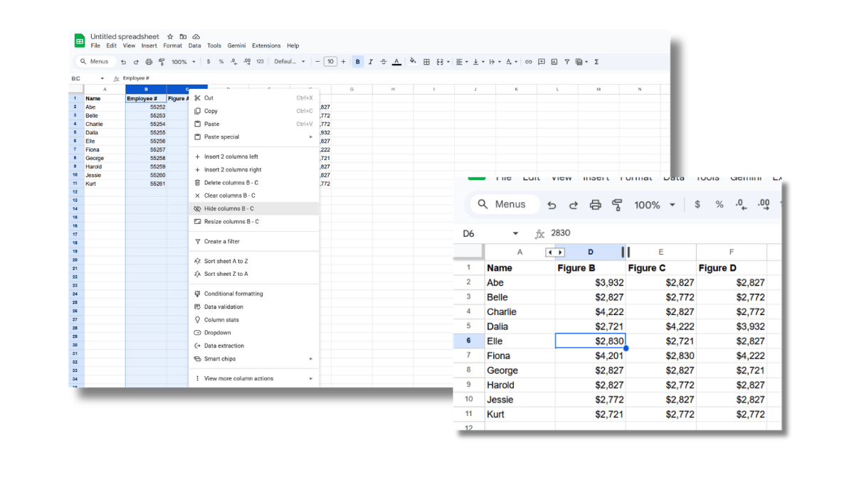 A screenshot showing how to hide columns in Google Sheets