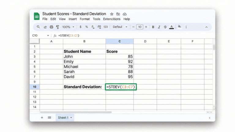 A spreadsheet showing the standard deviation calculation.