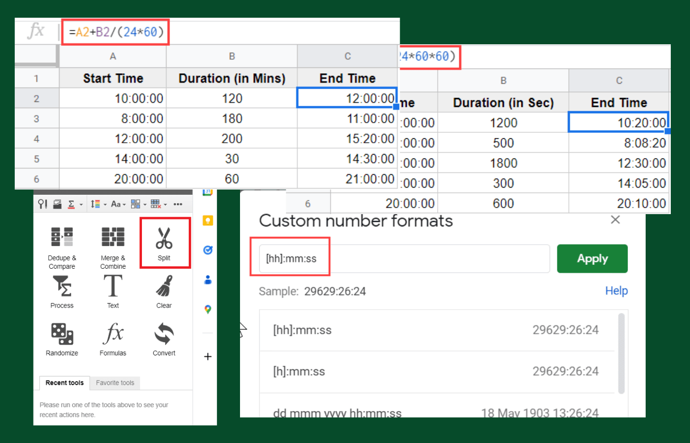 Four different methods showing how to add time in Google Sheets.