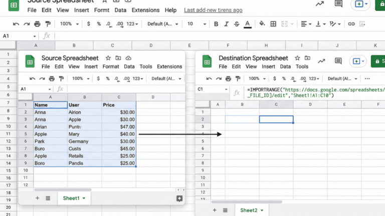 two open spreadsheet files with a formula bar displaying an IMPORTRANGE formula in Google Sheets
