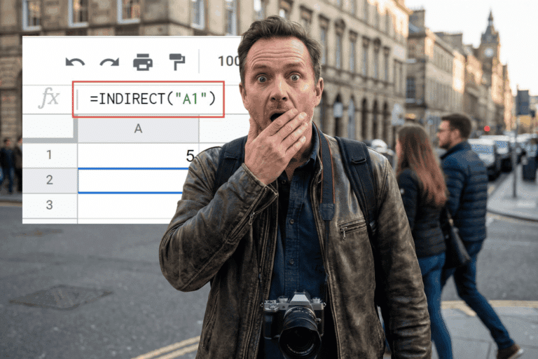 A reporter in front of the INDIRECT function in Google Sheets.