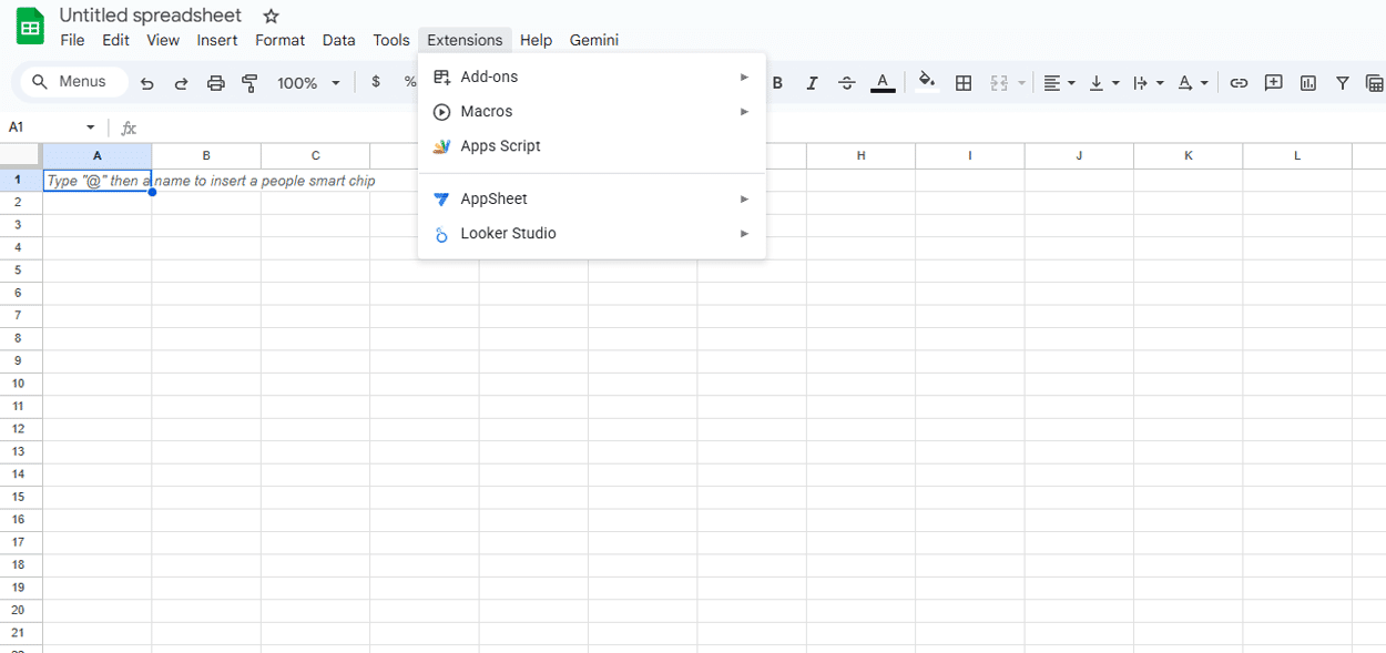 Click the extensions menu in Google Sheets to get App Script.