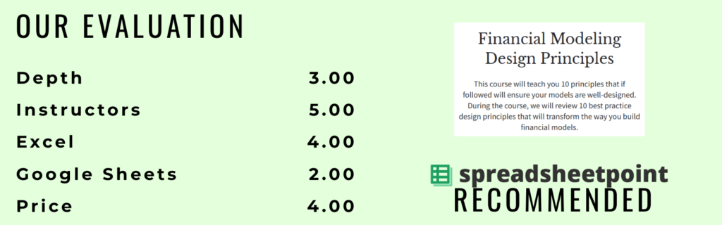 Our rating and review for The FP&A Guy course on financial modeling and design principles.