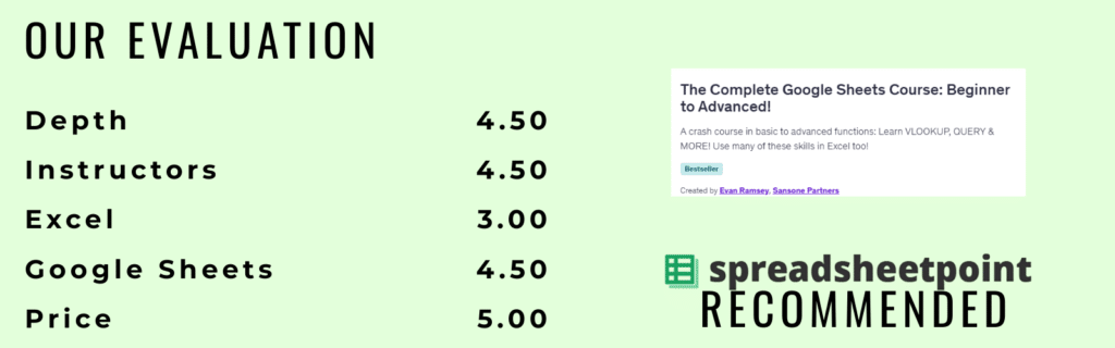 Our evaluation of the Complete Google Sheets Course at Udemy. This is recommended by SpreadsheetPoint.