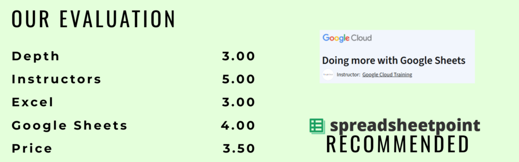 Our evaluation of the Doing More with Google Sheets course at Coursera, including our ratings.