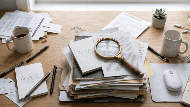 A stack of papers with a magnifying glass on top