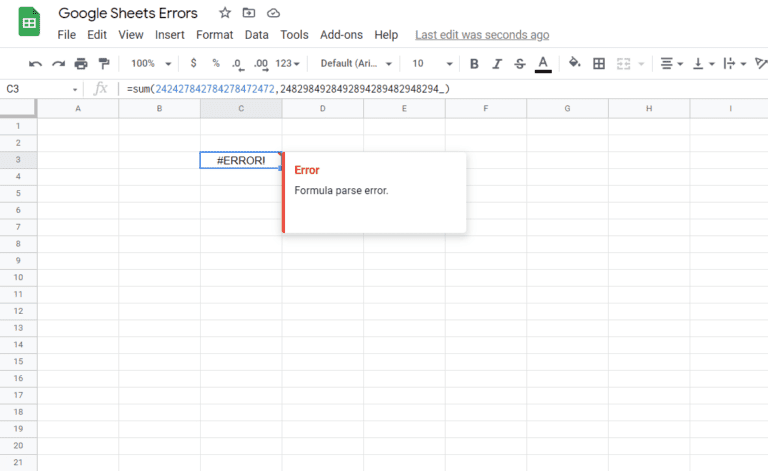 formula parse error google sheets