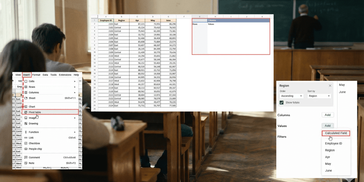 Three images showing how to use calculated field in Google Sheets.