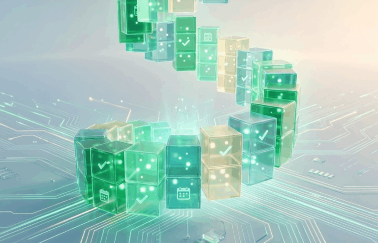 Glowing glass blocks shaped like spreadsheet cells are dynamically stacking together to form a rising bridge