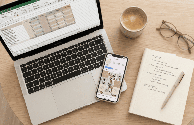A laptop, phone with insta open, and notebook for a social media manager.