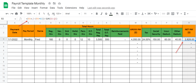 Finding the net pay in the payroll template for Google Sheets