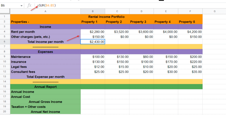 Using the SUM function for total income on one property
