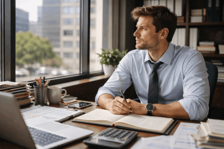 An accountant at a desk having used the SWITCH function in Google Sheets.