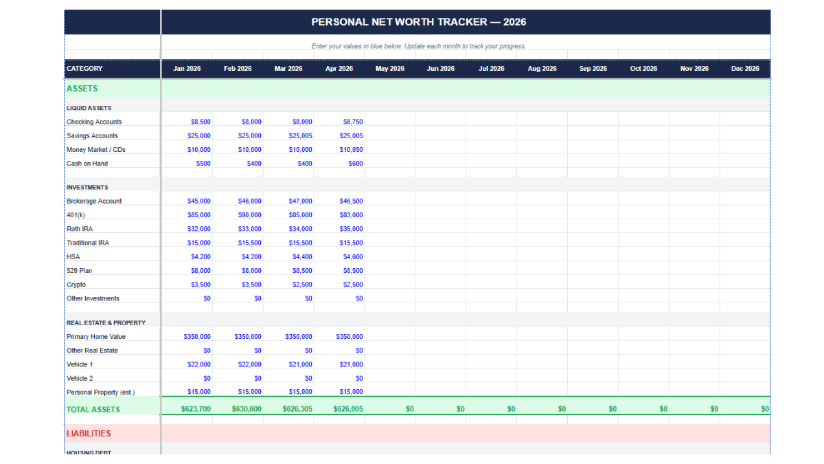 Net worth tracker data entry tab in Google Sheets showing monthly columns for asset and liability balances