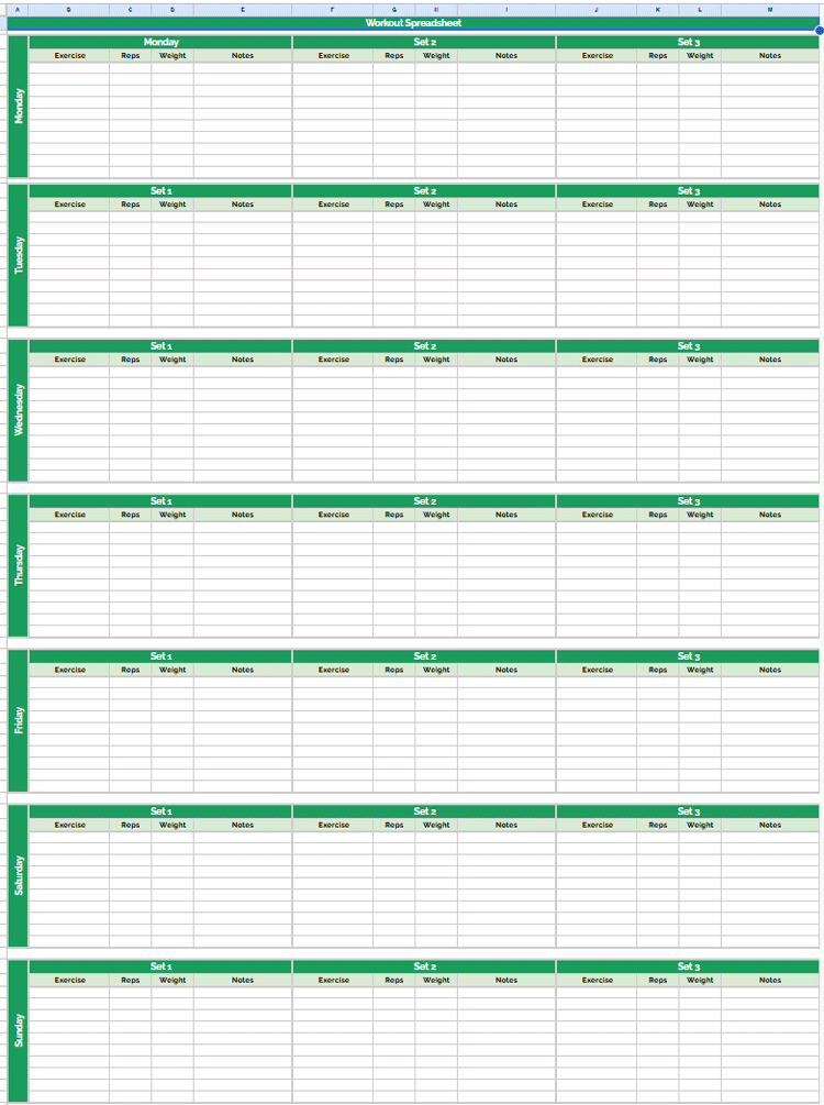 A free, printable workout spreadsheet that tracks three sets for each exercise.