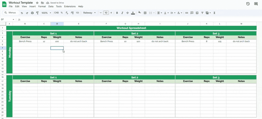 Our workout tracker spreadsheet template tracks three sets each day. This animation shows an example.