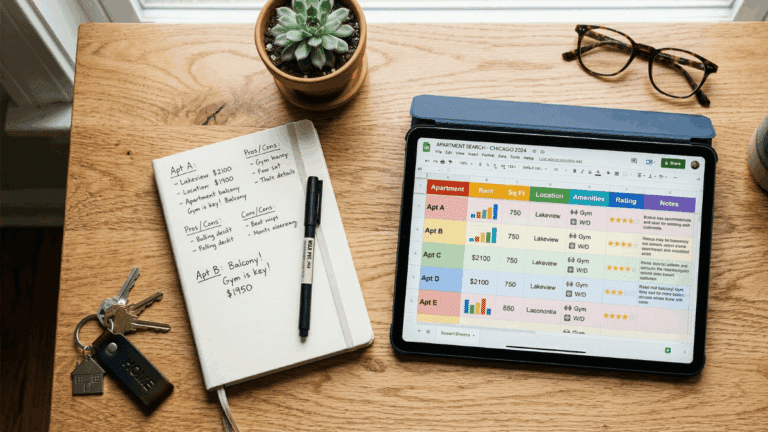 A notebook, keys, and a tablet on a desk.