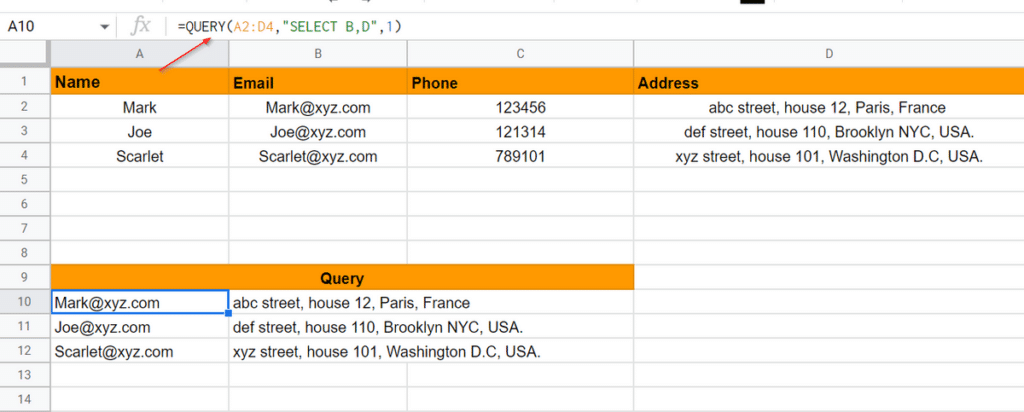 An example of the QUERY formula in Google Sheets, shown with examples in a spreadsheet.