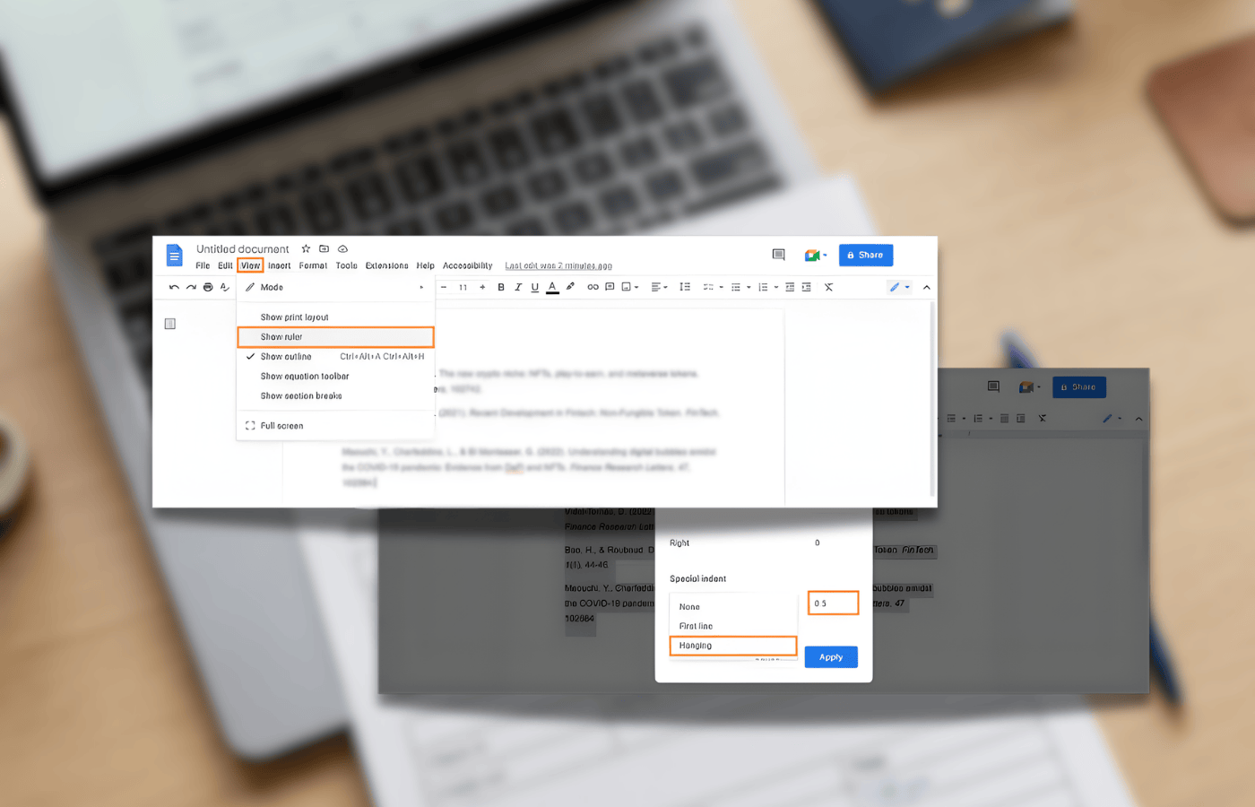 Screenshots showing how and where to do hanging indents in Google Docs.