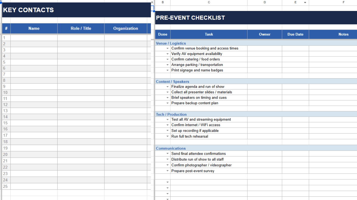 Key contacts sheet and pre-event checklist tabs in Google Sheets run of show template