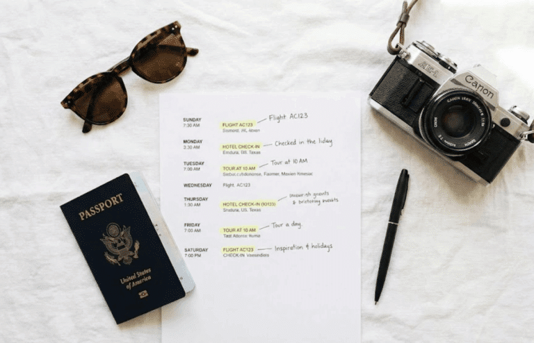 A travel itinerary with ravel essentials.