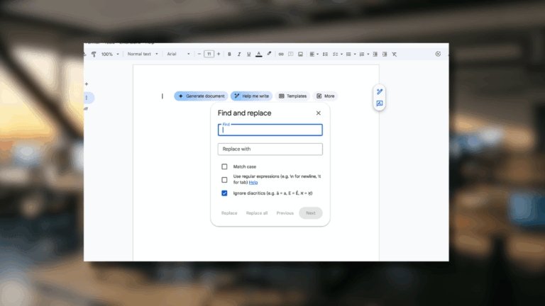 The find and replace Google Docs menu.
