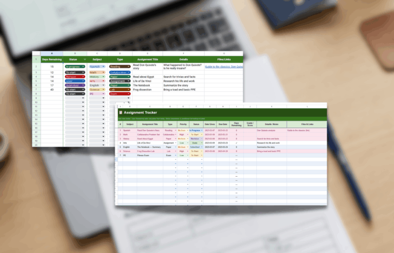 Two assignment tracking spreadsheet templates.