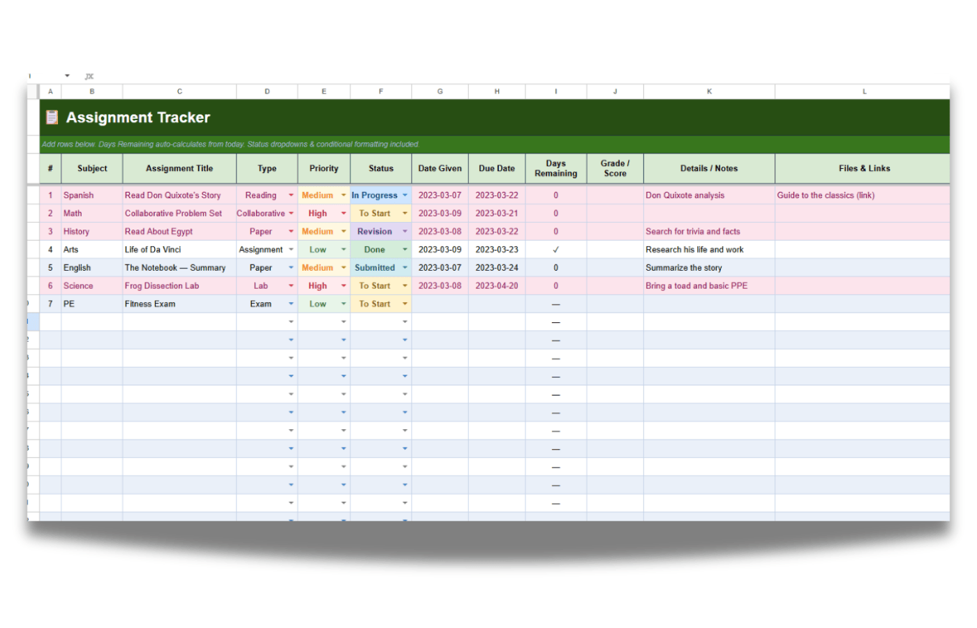 The assignment tracker template for Google Sheets or Excel from Spreadsheet Point.