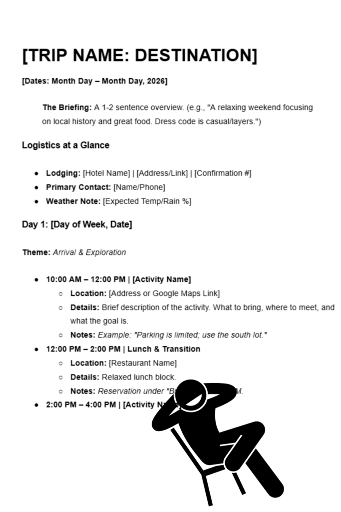 A simple itinerary template for Google Docs.