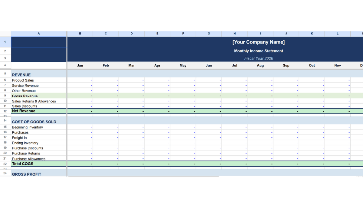 A screenshot of the income statement spreadsheet template.