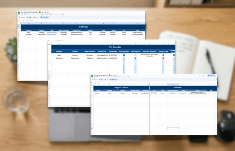 A job application tracker spreadsheet template shown with three tabs.