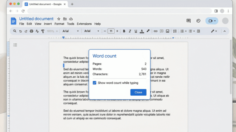 A rendering of the word count pop up in Google Docs.