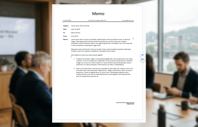 A screenshot of our memo template for Google Docs, overlaid on an office photo.