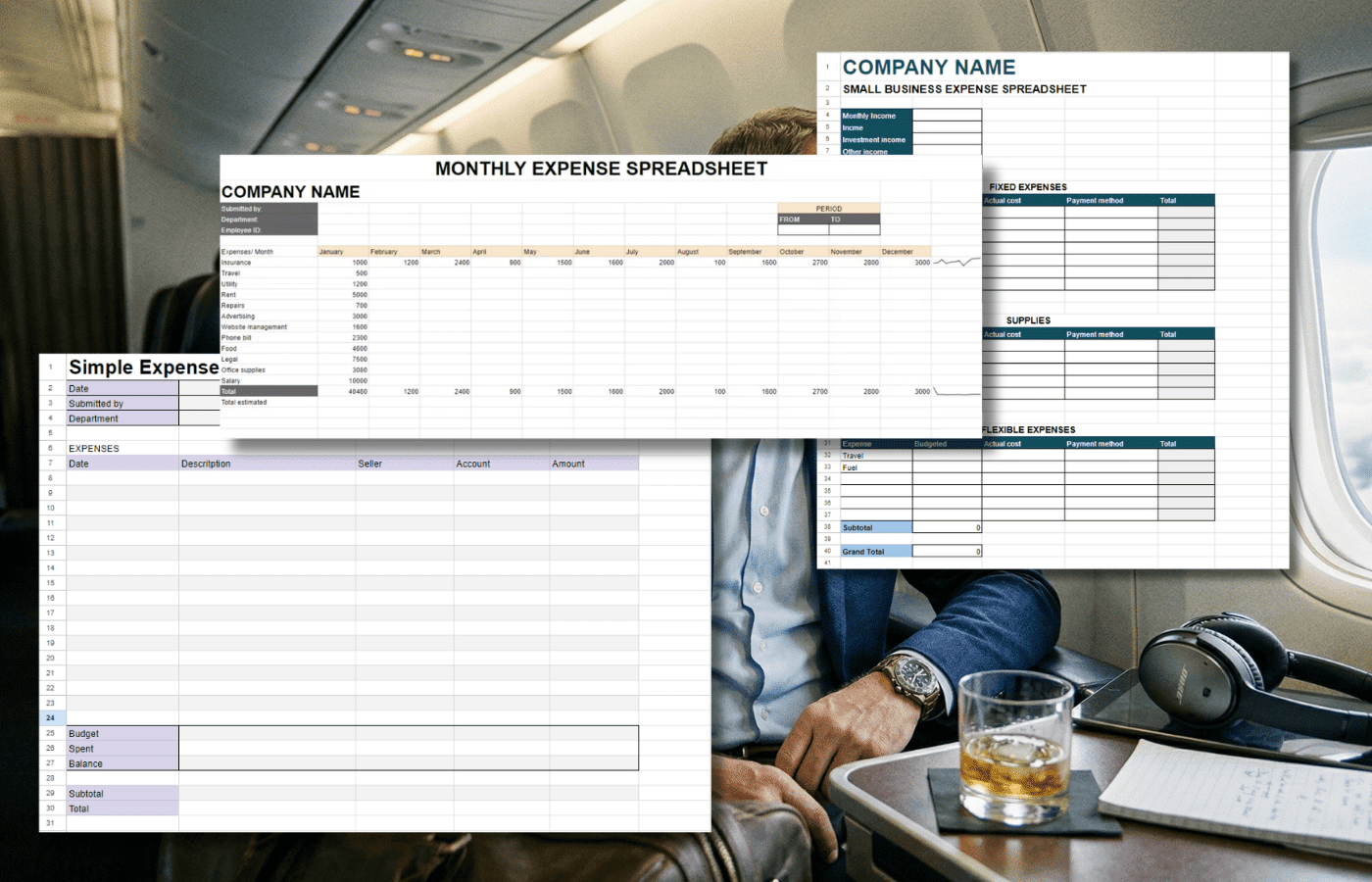 Three business expenses spreadsheet templates overlaid on a photo of a business traveler.