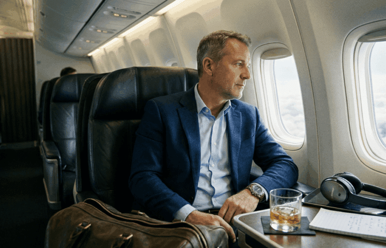 A business traveler in first class on a flight.