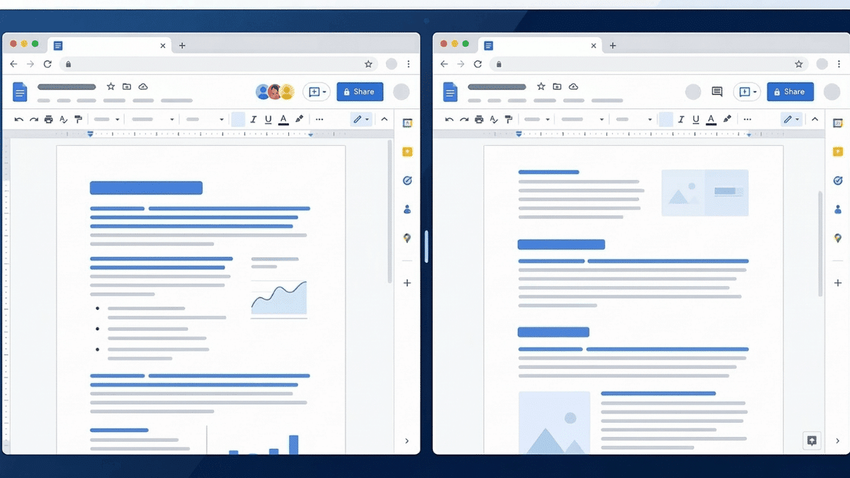 Side by side pages shown in an illustration representing Google Docs.