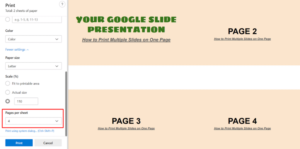 How to set pages per sheet in Slides Print window