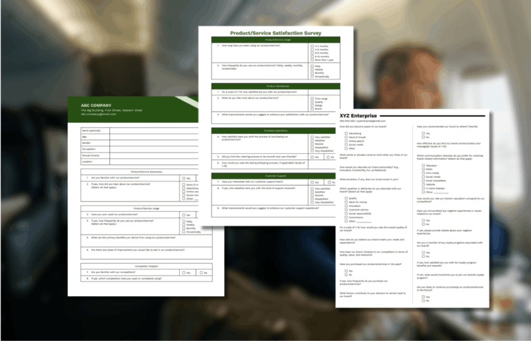 Three questionnaire templates overlaid on a photo.