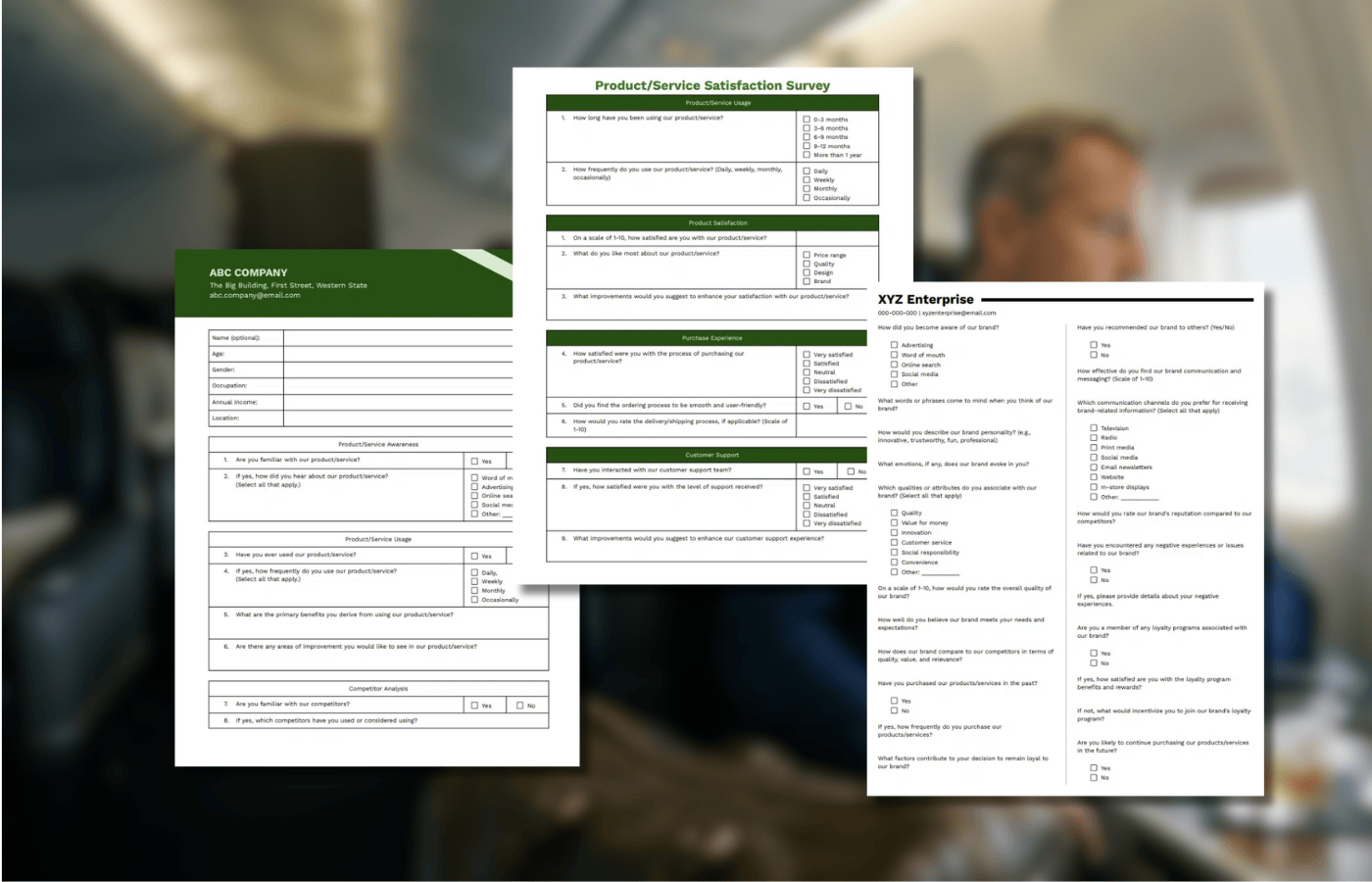 Three questionnaire templates overlaid on a photo.