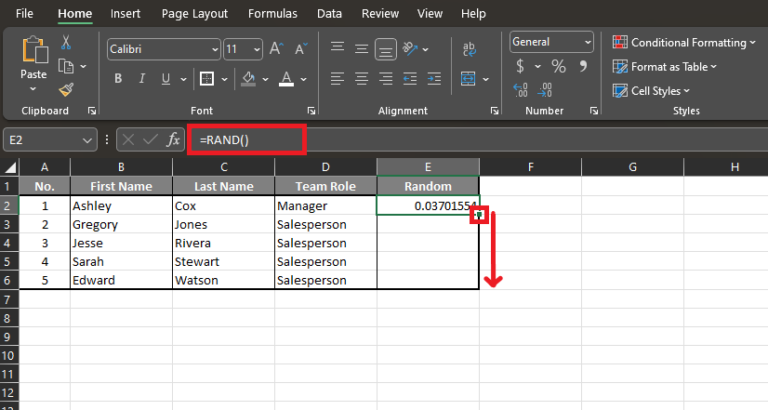 How to randomize a list in Excel—example spreadsheet with data
