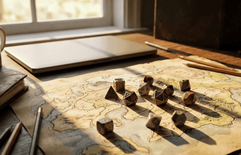 Polyhedral dice and a map next to a laptop.