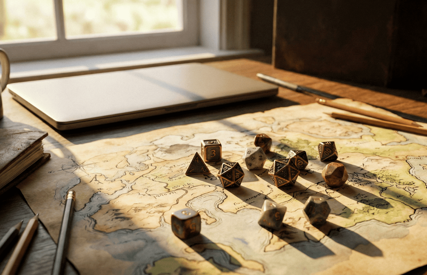 Polyhedral dice and a map next to a laptop.