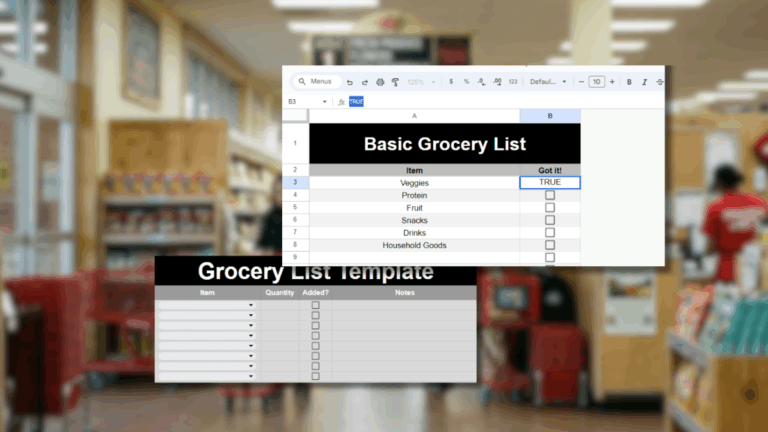 Grocery list spreadsheet templates overlaid over a photo of a grocery store.