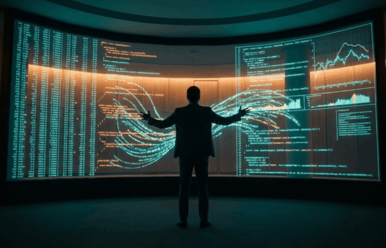 silhouette of a professional standing in front of a massive, curved glowing wall of data and code.