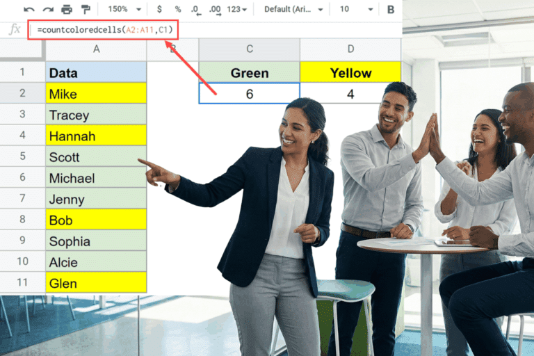 A woman pointing to the Formula to count colored cells in Google Sheets