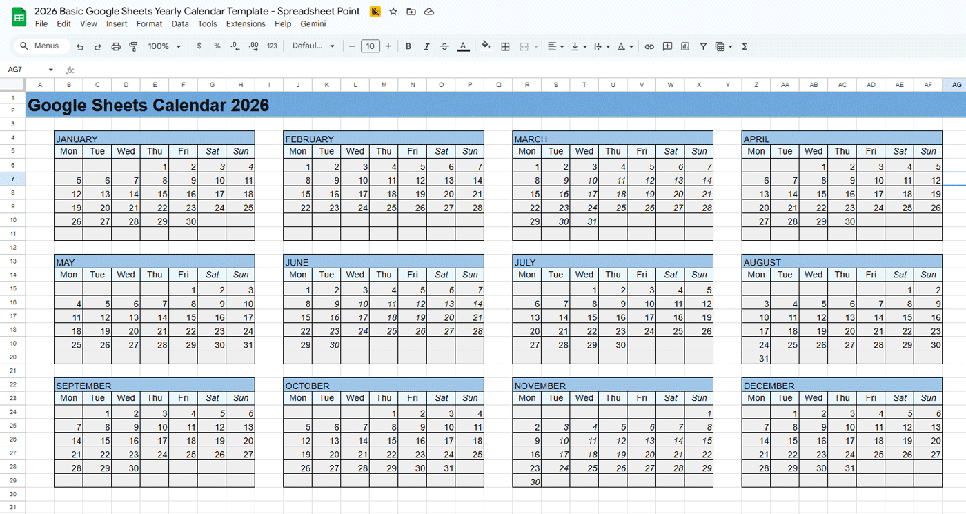 A spreadsheet calendar showing all the months and dates of the year.