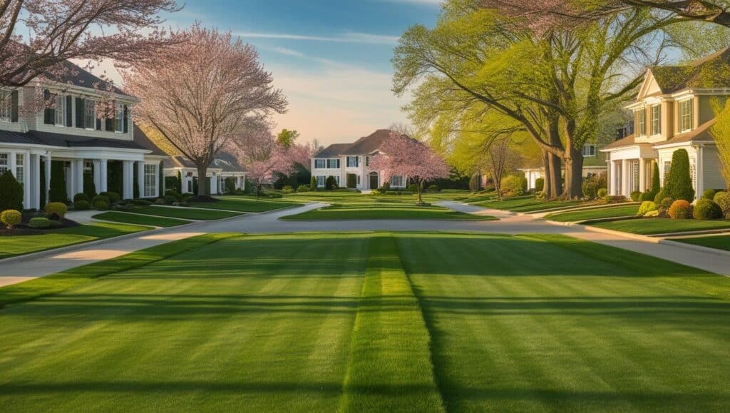 A suburban scene with grass.