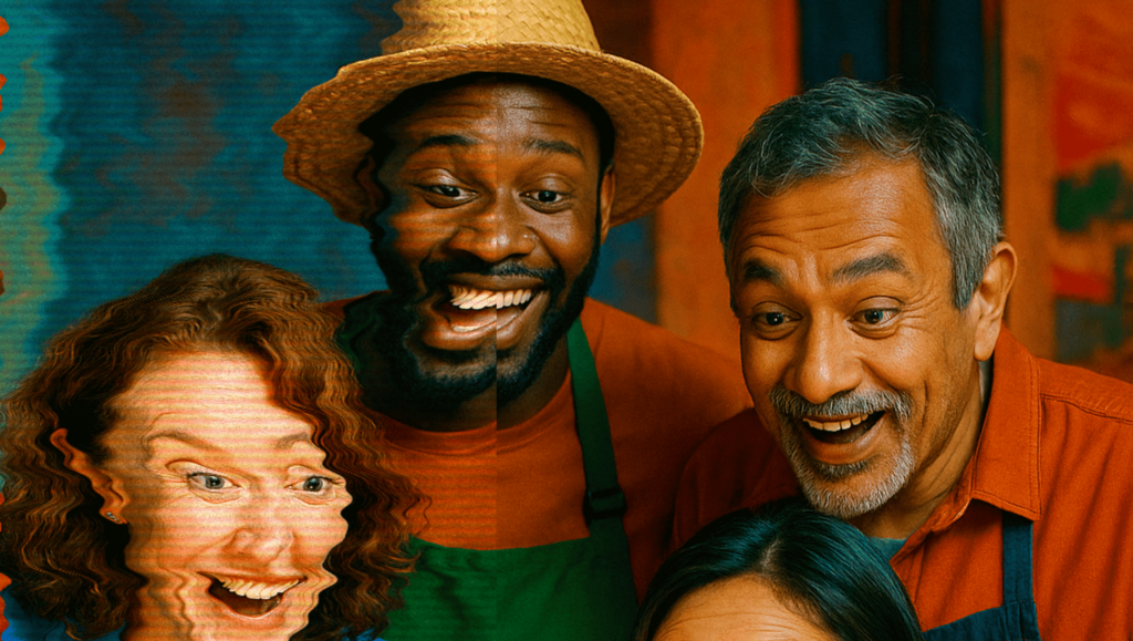 A diverse group of people looking at a screen together.